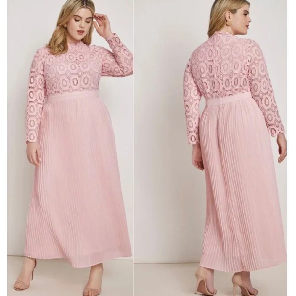 ELOQUII Womens Pink Lace Evening Pleaded Maxi Dress Shabby Chic Romantic Size 14